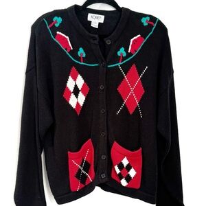 Vintage 90s Koret Black & Red Cardigan Womens Petites Large Sweater NWT